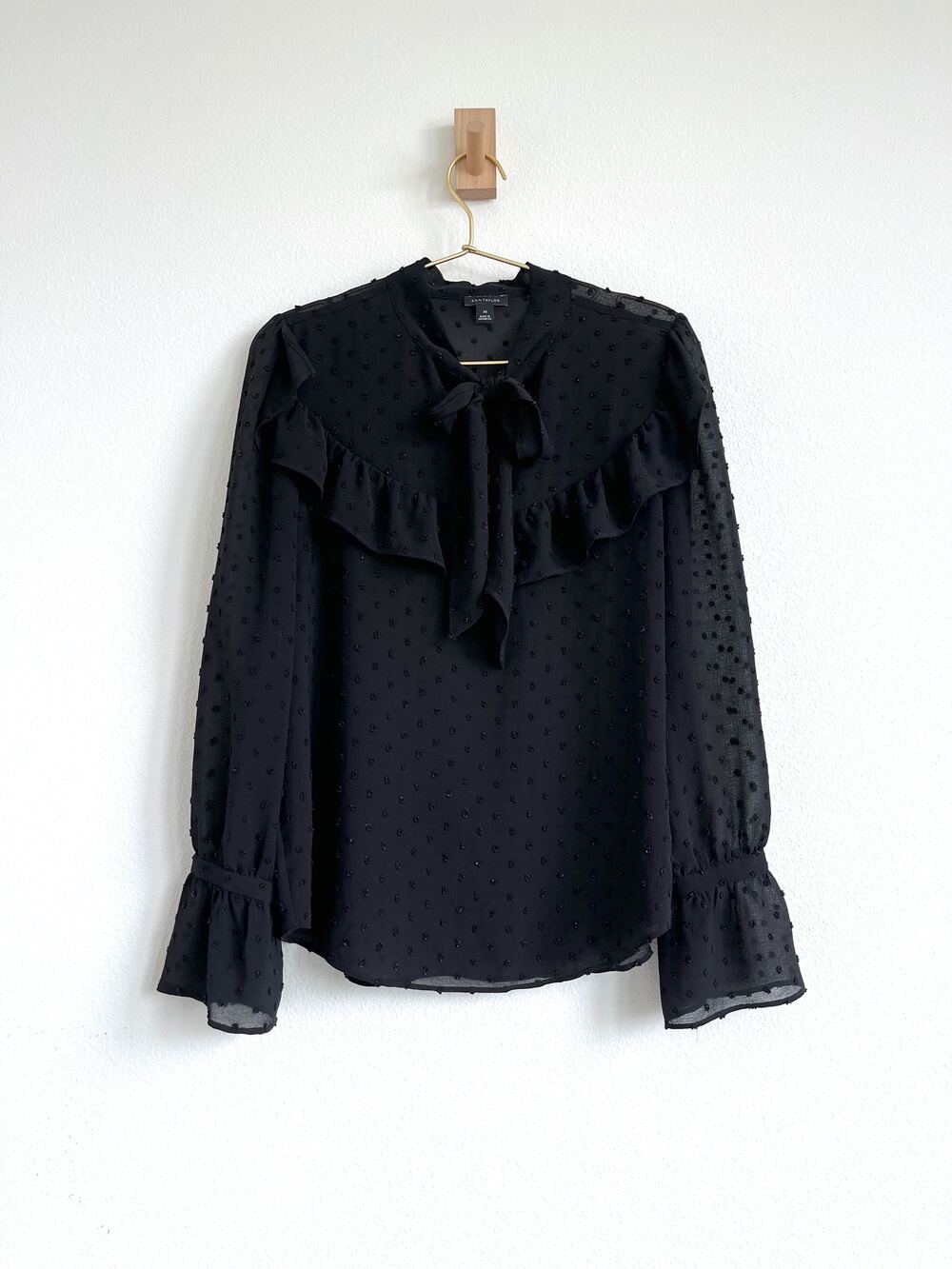 Sheer Dark Academia Whimsigoth Coquette Swiss Dot Ruffle Tie-Neck Blouse - XS
